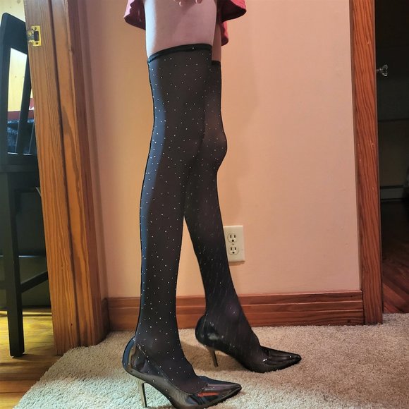 Mack J Mesh Stocking Boots Rhinestone Spatter High Heels - Picture 3 of 6